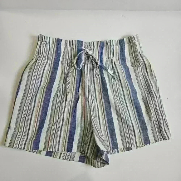 HAVE Blue Tan Stripe Paper Bag High Waist Shorts Elastic Waist Band Women Medium - Picture 1 of 6